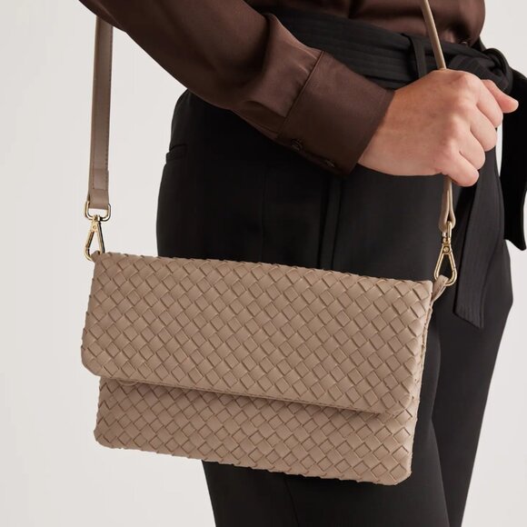 Quince Italian Leather Handwoven Foldover Clutch – Taupe – Convertible Crossbody - Picture 1 of 10